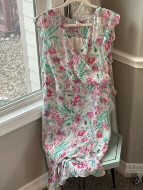 a new day Floral Wrap Midi Dress in Pink and Mint